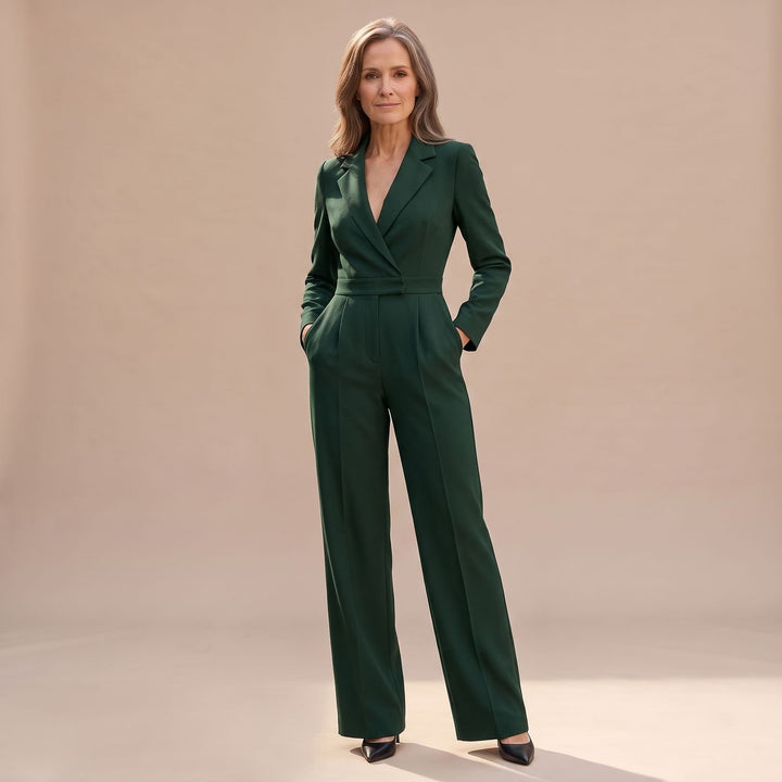 Women's V-Neck Wide-Leg Tailored Jumpsuit - Green