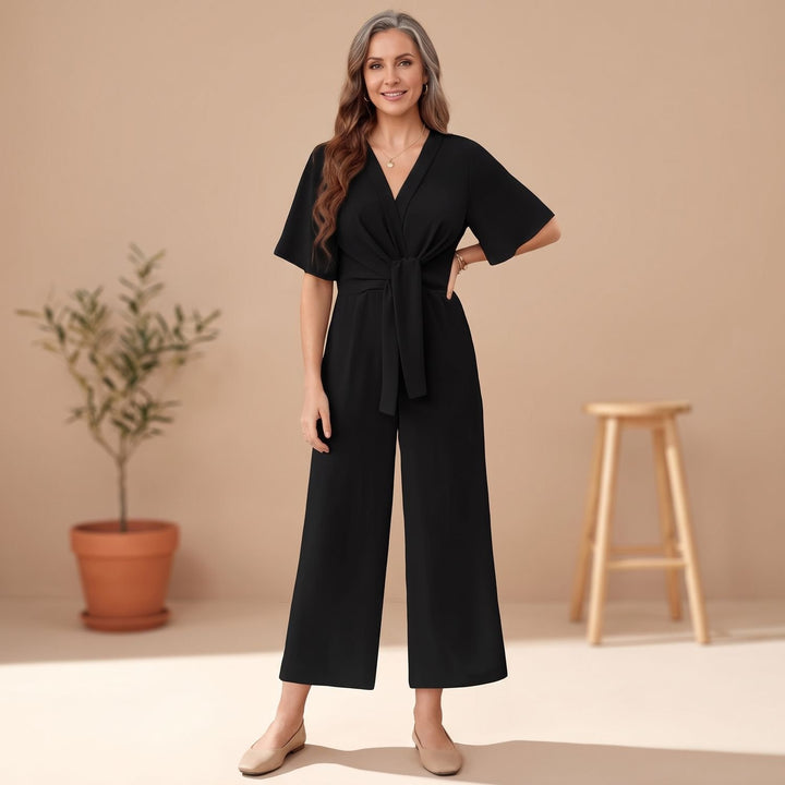 Women's V-Neck Wide-Leg Tie-Waist Short-Sleeve Jumpsuit - Black
