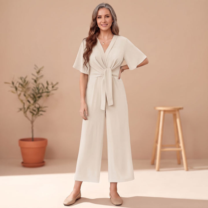 Women's V-Neck Wide-Leg Tie-Waist Short-Sleeve Jumpsuit - Beige