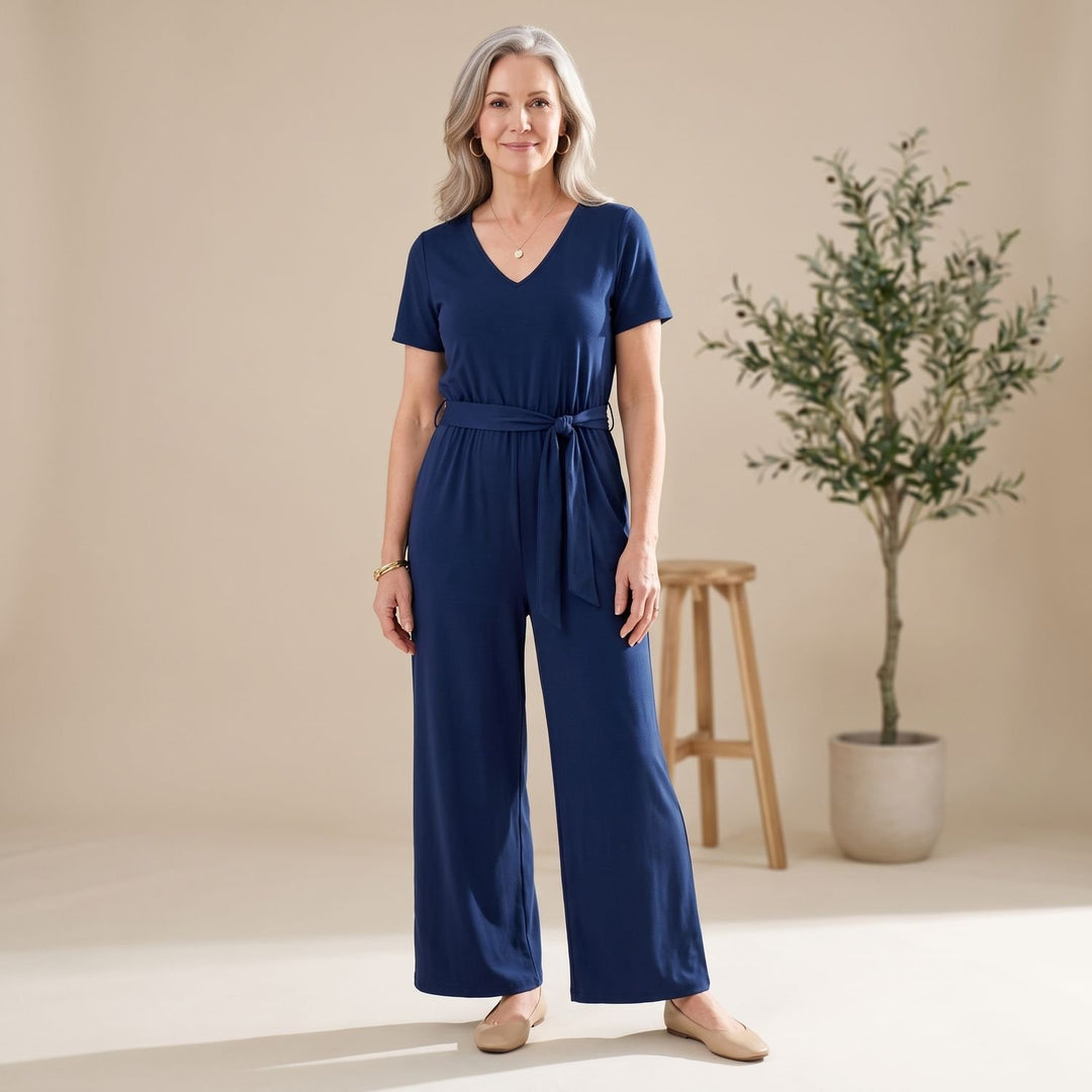 Women's V-Neck Wide-Leg Tie-Waist Short-Sleeve Jumpsuit - Blue