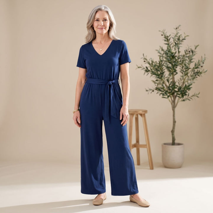 Women's V-Neck Wide-Leg Tie-Waist Short-Sleeve Jumpsuit - Blue