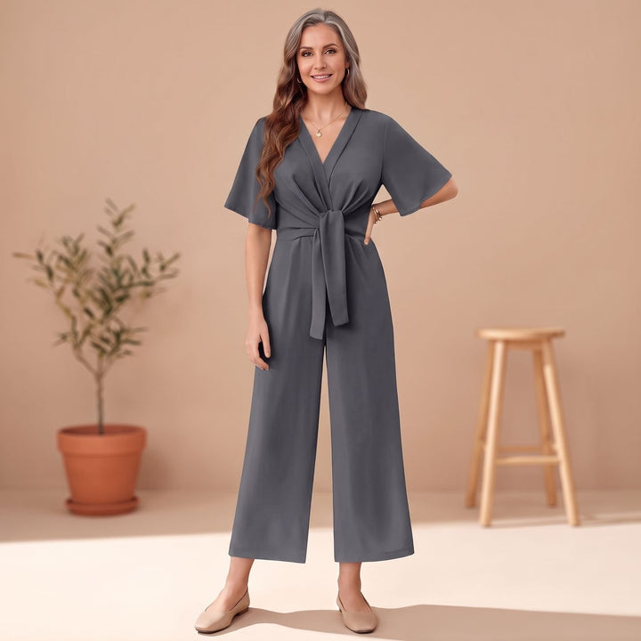 Women's V-Neck Wide-Leg Tie-Waist Short-Sleeve Jumpsuit - Gray
