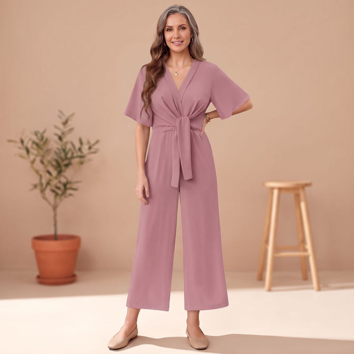 Women's V-Neck Wide-Leg Tie-Waist Short-Sleeve Jumpsuit - Light Pink