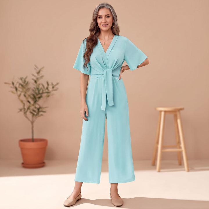 Women's V-Neck Wide-Leg Tie-Waist Short-Sleeve Jumpsuit - Sky Blue
