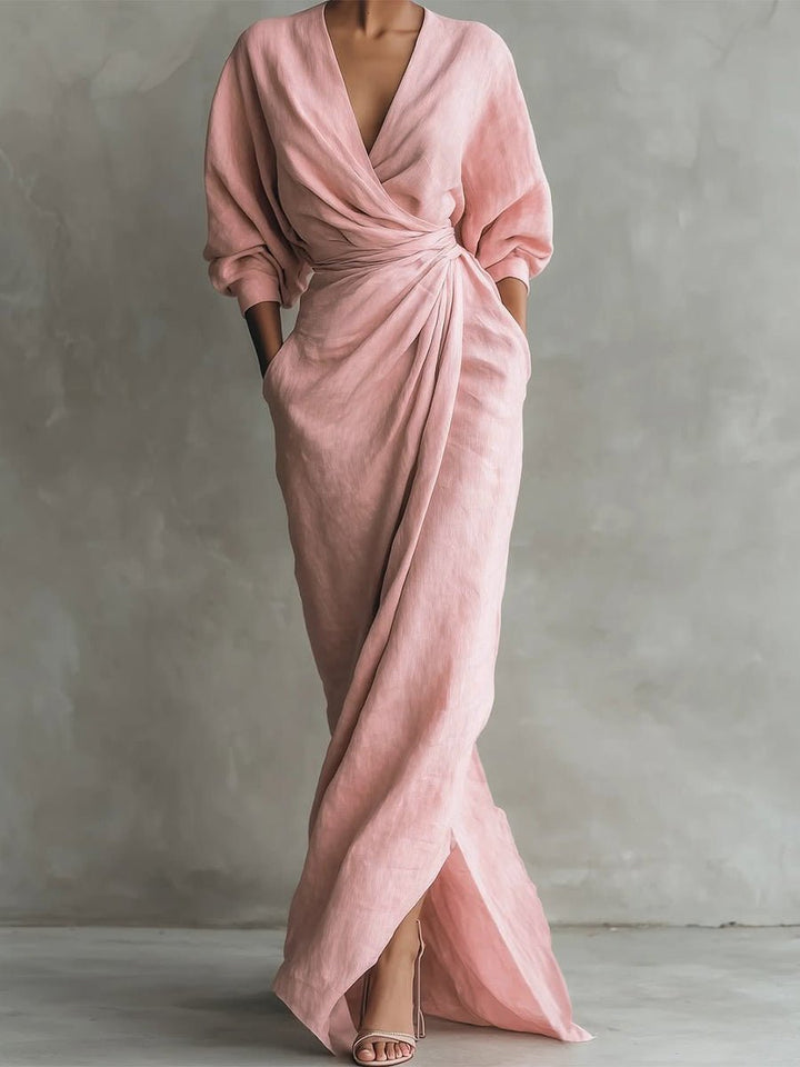 Women's V-Neck Wrap Maxi Long Sleeve Dress Loose Fit - Pink