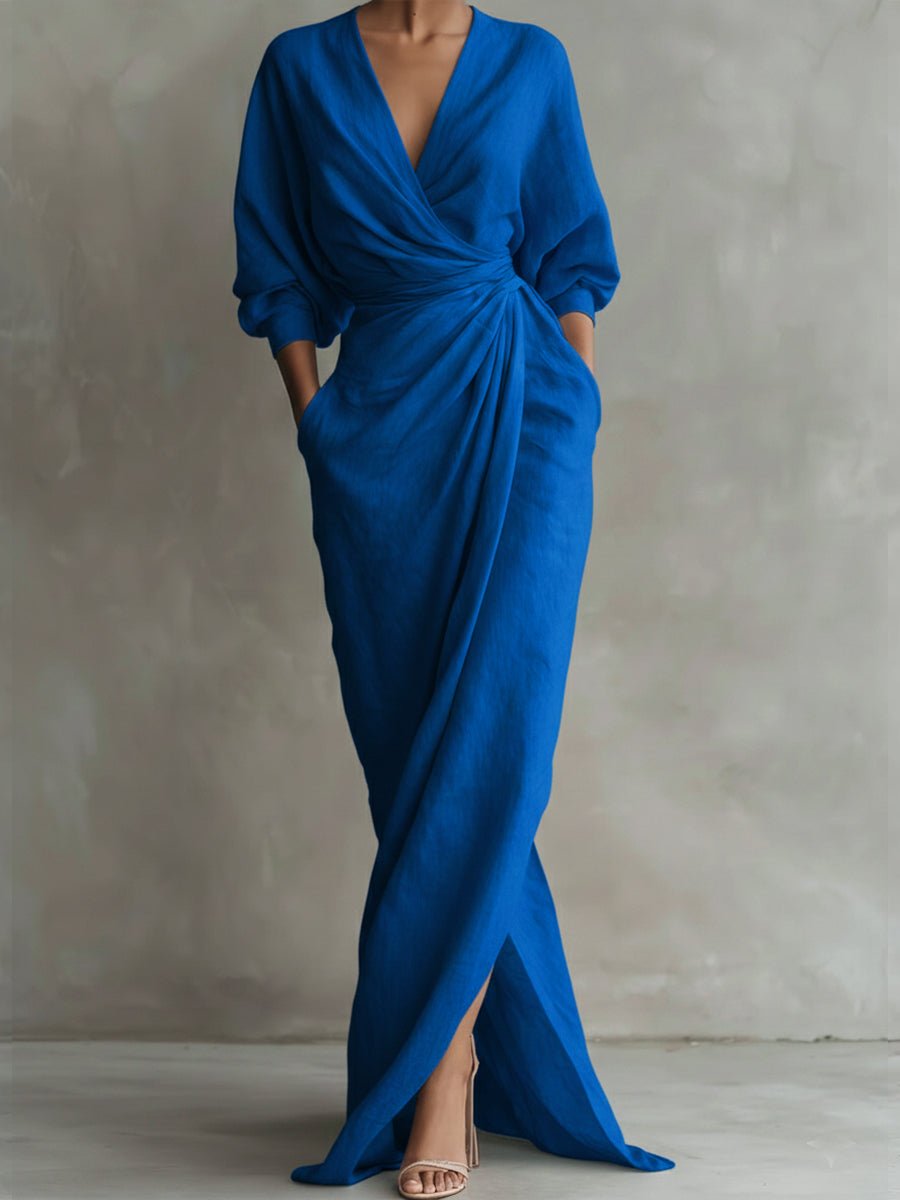 Women's V-Neck Wrap Maxi Long Sleeve Dress Loose Fit - Blue