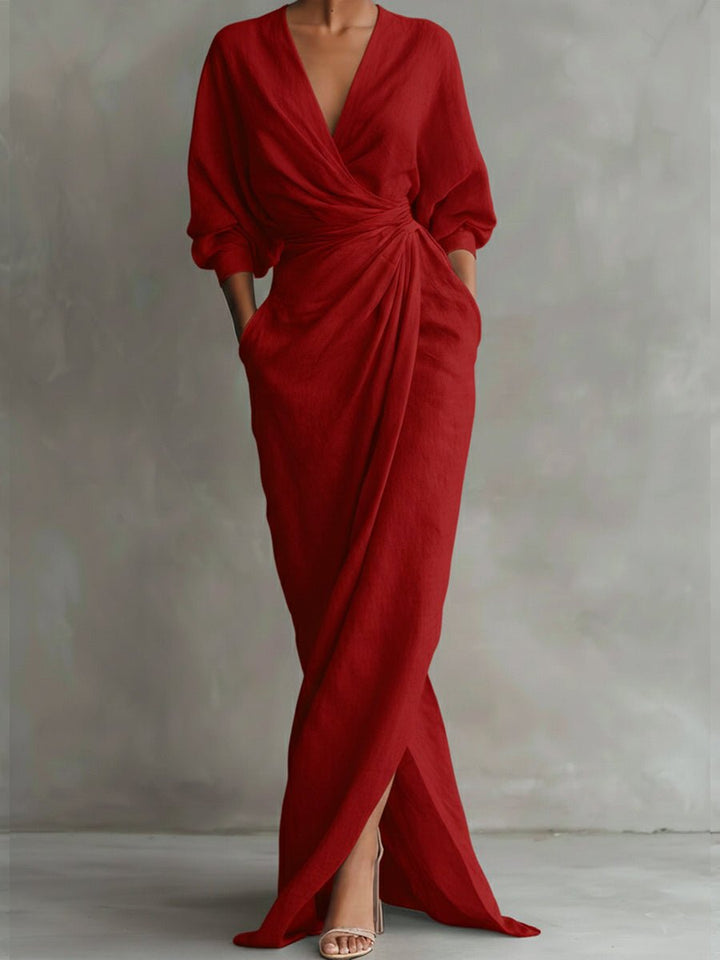 Women's V-Neck Wrap Maxi Long Sleeve Dress Loose Fit - Red