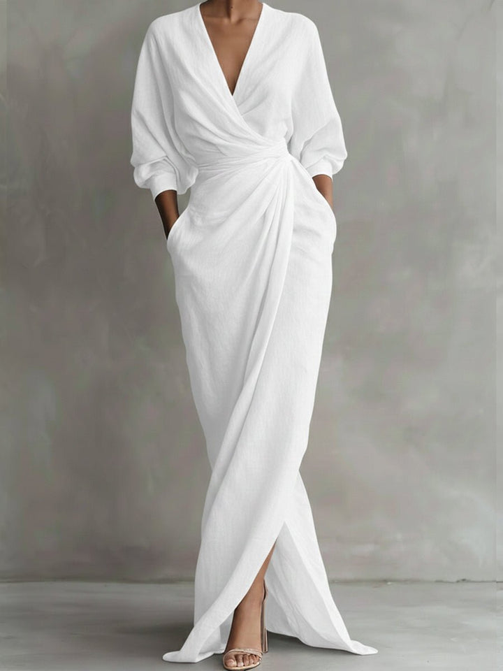 Women's V-Neck Wrap Maxi Long Sleeve Dress Loose Fit - White