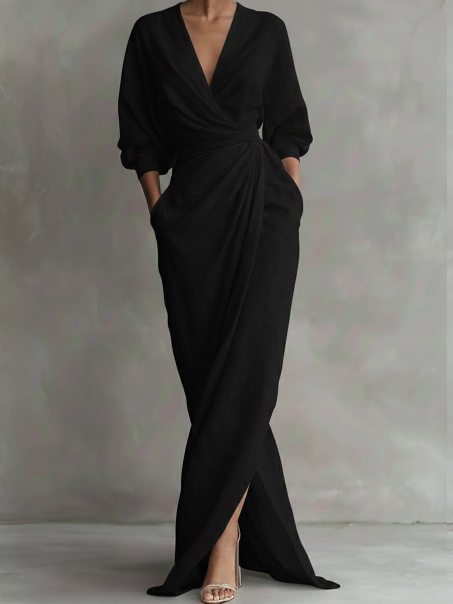 Women's V-Neck Wrap Maxi Long Sleeve Dress Loose Fit - Black