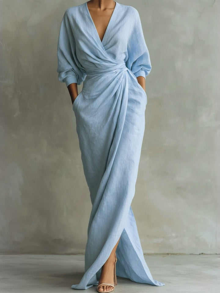 Women's V-Neck Wrap Maxi Long Sleeve Dress Loose Fit - Light Blue