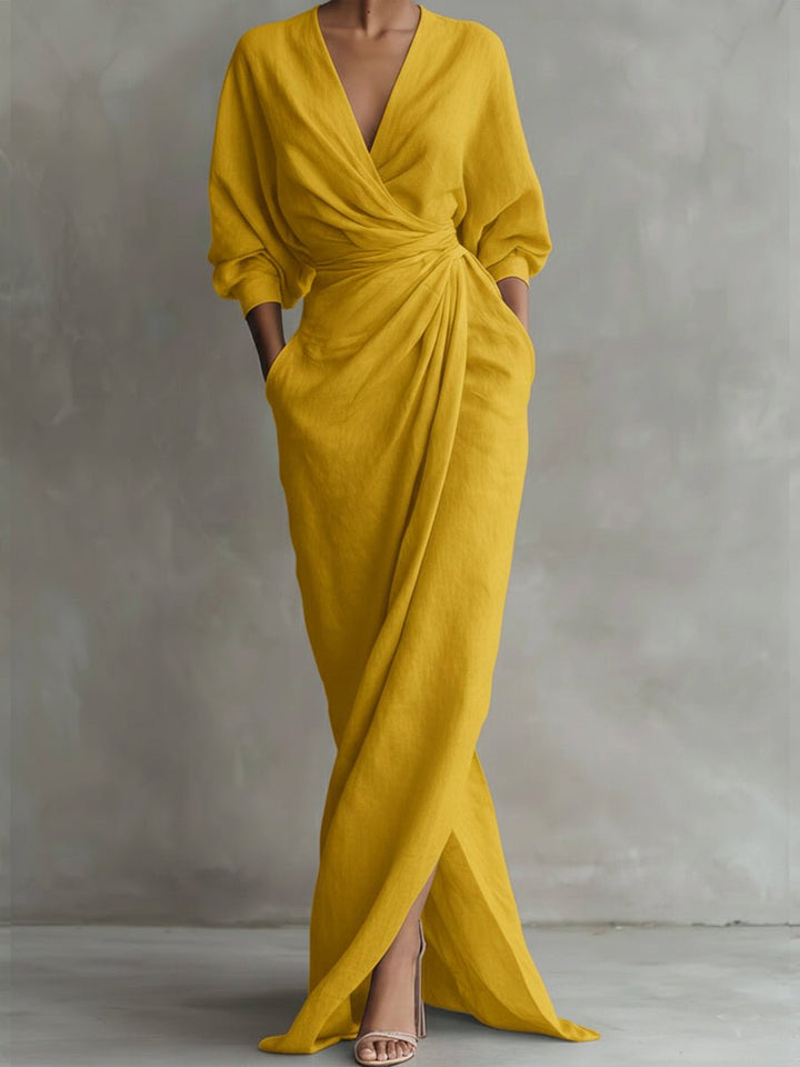 Women's V-Neck Wrap Maxi Long Sleeve Dress Loose Fit - Yellow