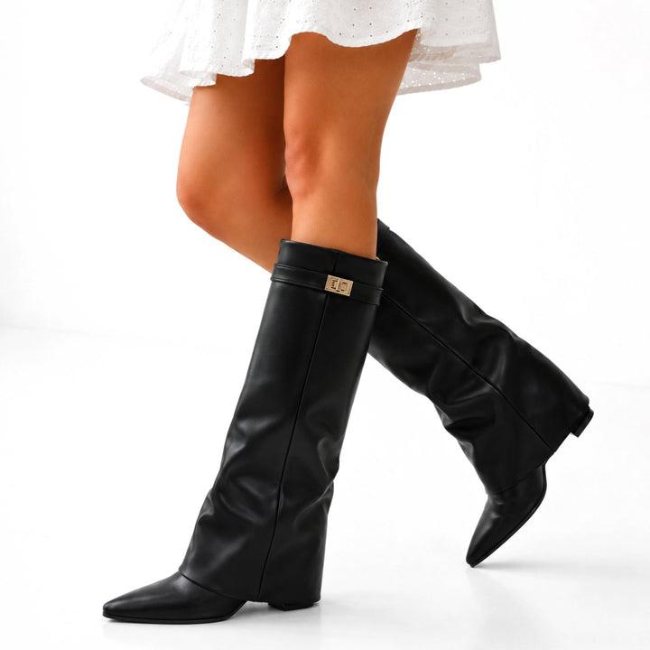 Women's Vegan Leather Pointed-Toe Knee High Boots Gold Hardware - Black