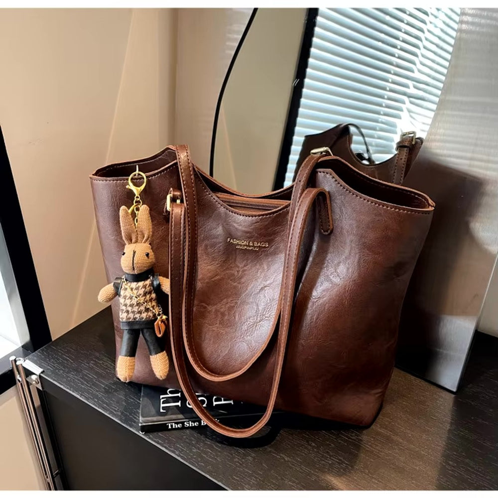 Women's Vegan Leather Shoulder Tote Bag Plush Bunny Charm