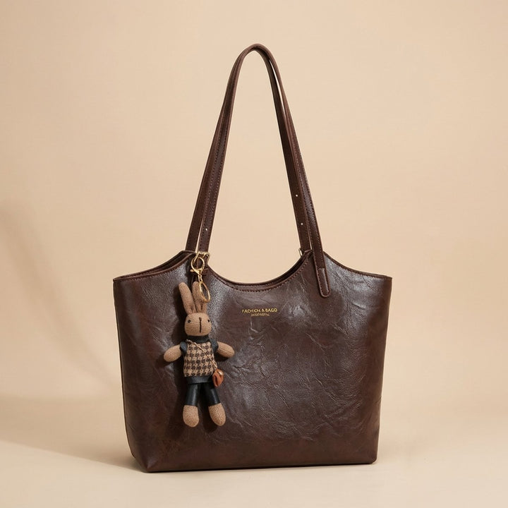 Women's Vegan Leather Shoulder Tote Bag Plush Bunny Charm