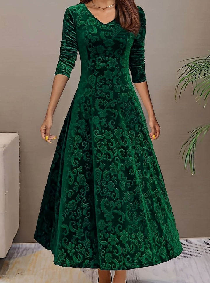 Women's Velvet A-Line V-Neck Long-Sleeve Midi Cocktail Dress
