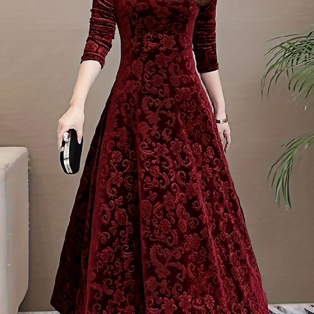 Women's Velvet A-Line V-Neck Long-Sleeve Midi Cocktail Dress