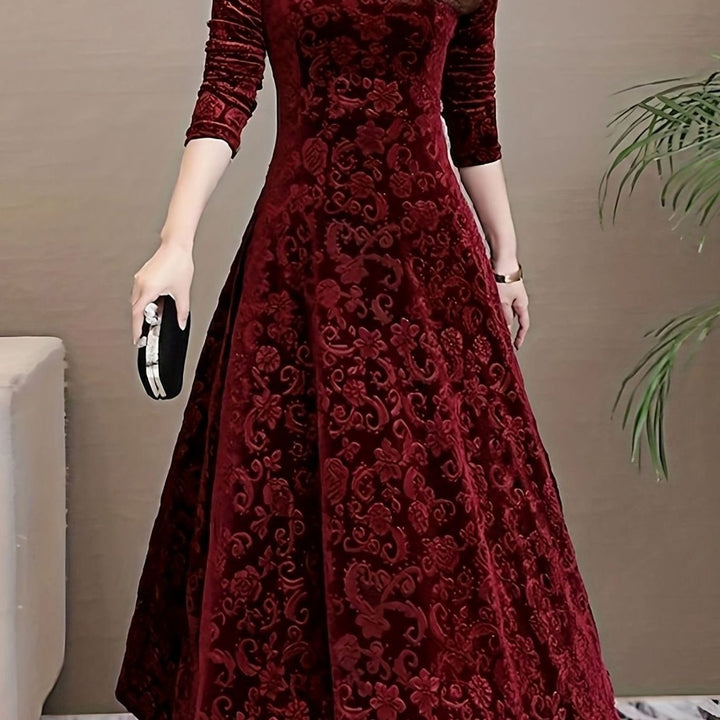 Women's Velvet A-Line V-Neck Long-Sleeve Midi Cocktail Dress