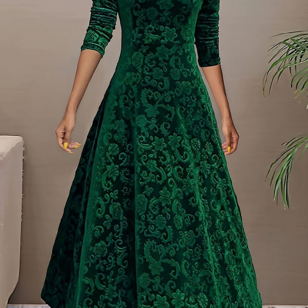 Women's Velvet A-Line V-Neck Long-Sleeve Midi Cocktail Dress