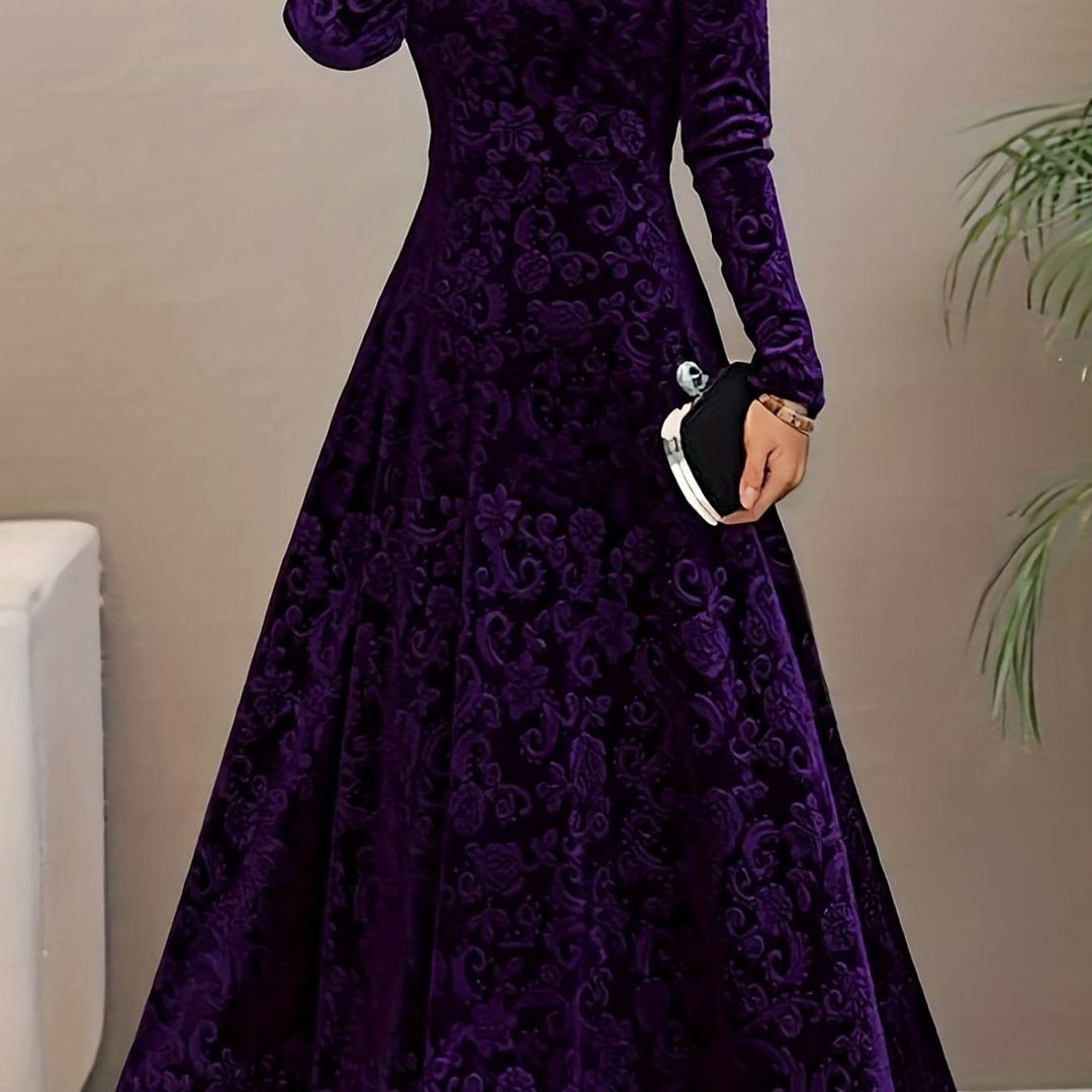 Women's Velvet A-Line V-Neck Long-Sleeve Midi Cocktail Dress