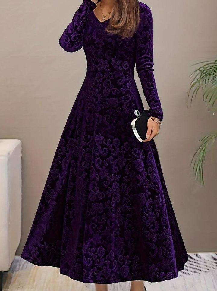 Women's Velvet A-Line V-Neck Long-Sleeve Midi Cocktail Dress