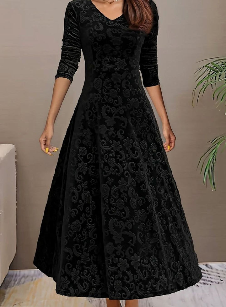 Women's Velvet A-Line V-Neck Long-Sleeve Midi Cocktail Dress