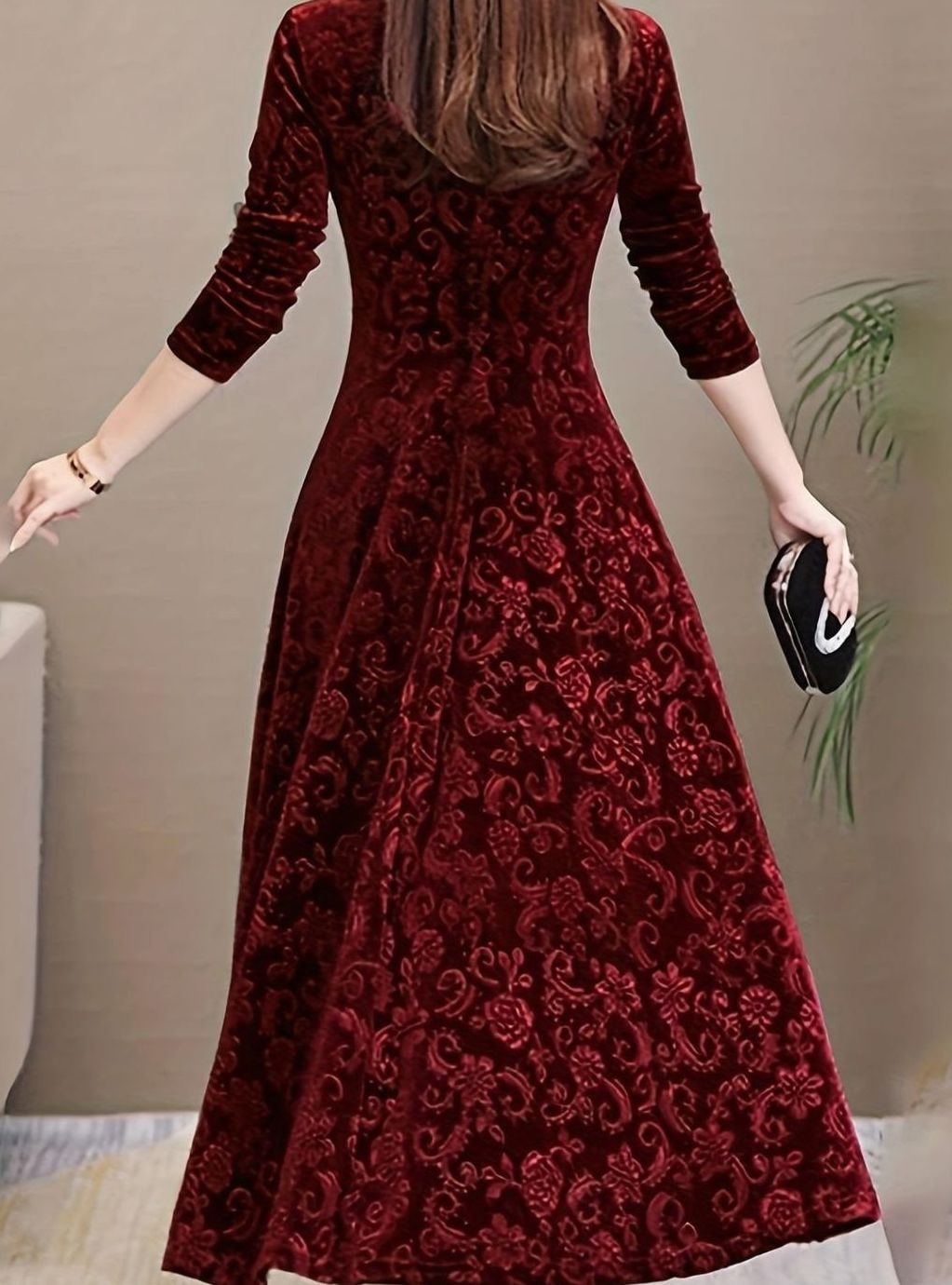 Women's Velvet A-Line V-Neck Long-Sleeve Midi Cocktail Dress - Burgundy