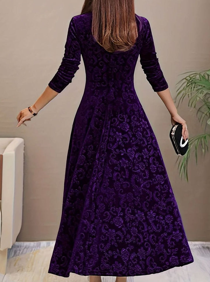 Women's Velvet A-Line V-Neck Long-Sleeve Midi Cocktail Dress - Purple