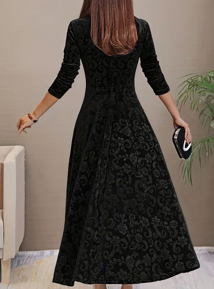 Women's Velvet A-Line V-Neck Long-Sleeve Midi Cocktail Dress - Black