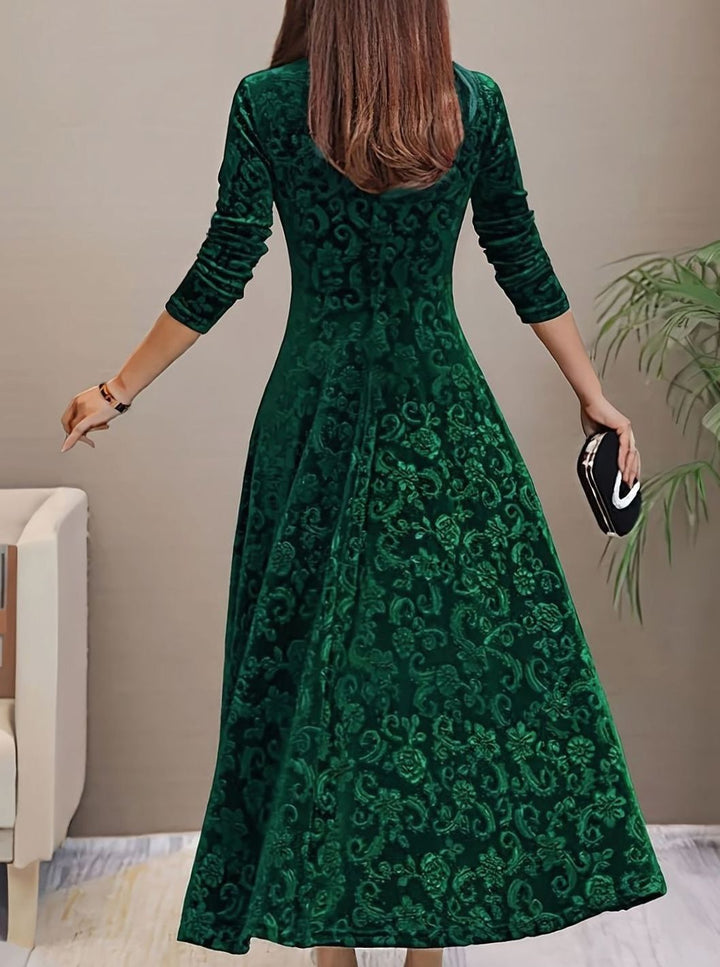 Women's Velvet A-Line V-Neck Long-Sleeve Midi Cocktail Dress - Dark Green