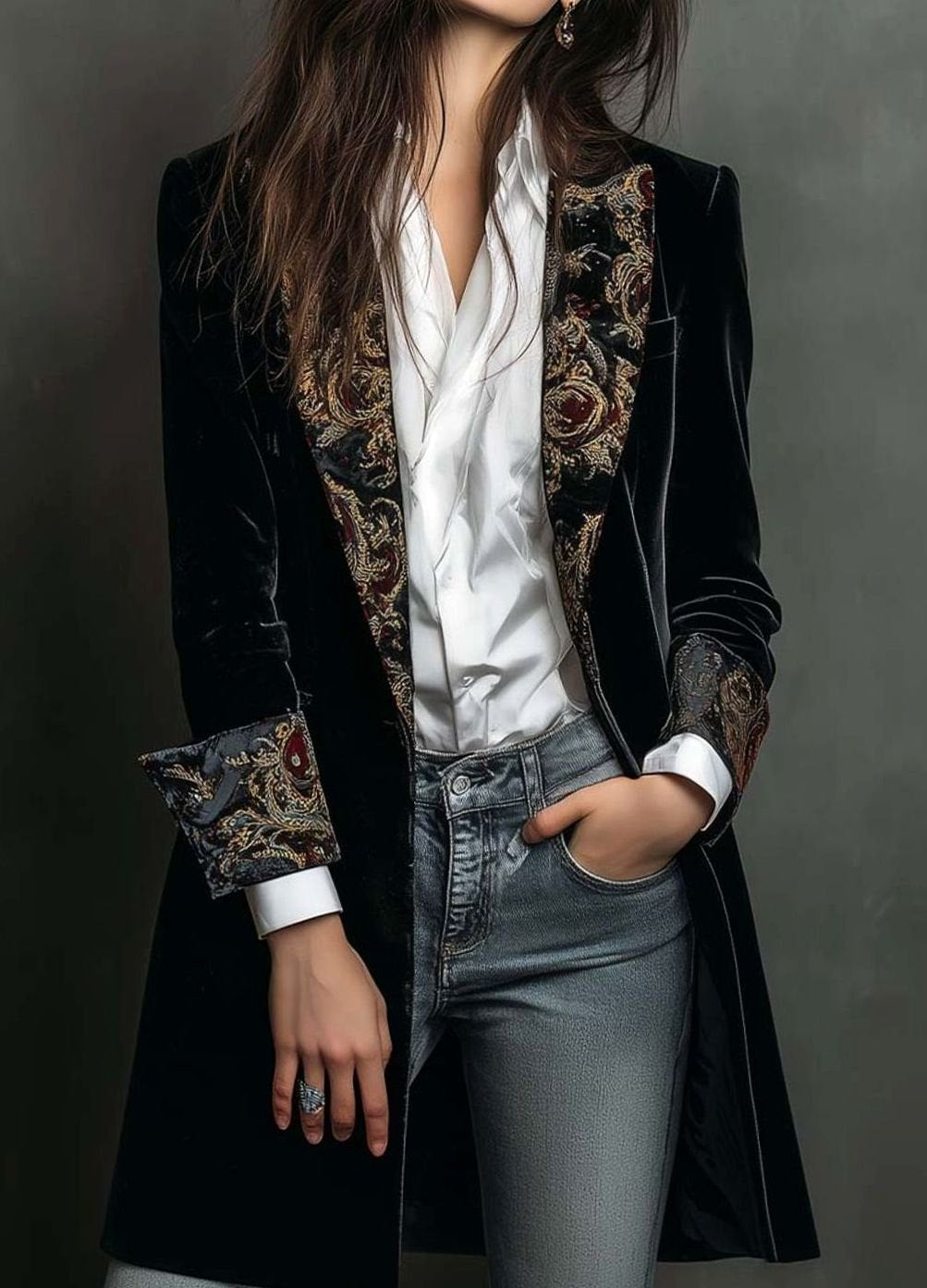 Women's Velvet Baroque Embroidered Slim-Fit Long Blazer - Black