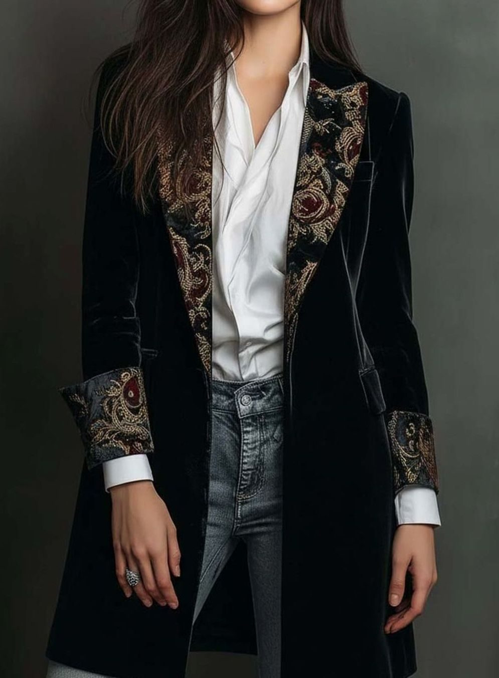 Women's Velvet Baroque Embroidered Slim-Fit Long Blazer