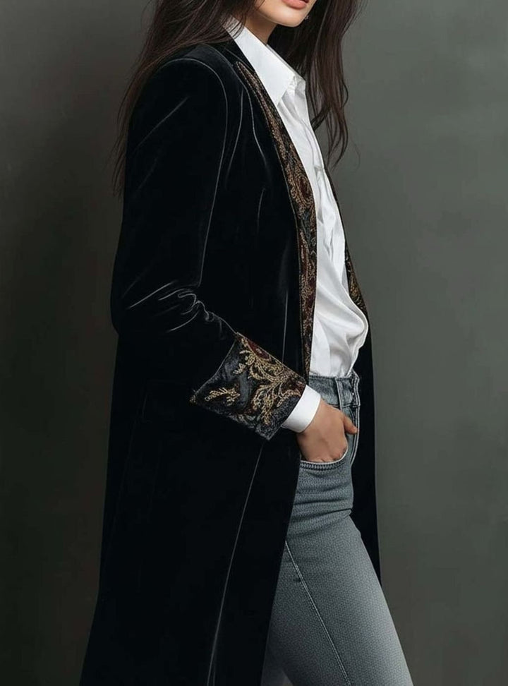 Women's Velvet Baroque Embroidered Slim-Fit Long Blazer