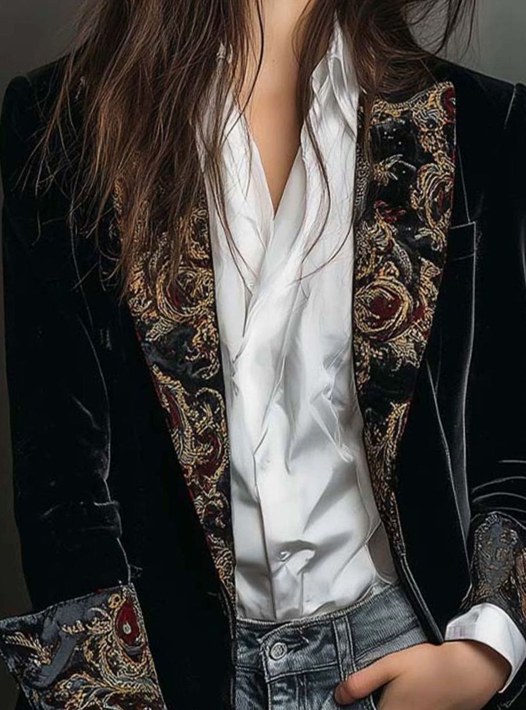 Women's Velvet Baroque Embroidered Slim-Fit Long Blazer