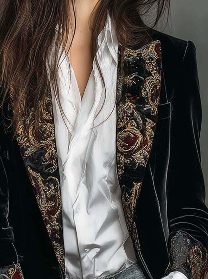 Women's Velvet Baroque Embroidered Slim-Fit Long Blazer