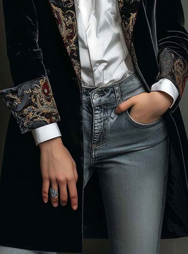 Women's Velvet Baroque Embroidered Slim-Fit Long Blazer