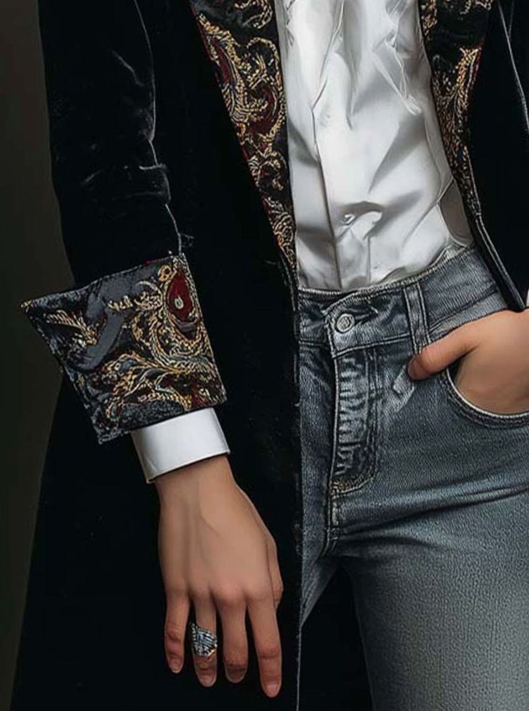 Women's Velvet Baroque Embroidered Slim-Fit Long Blazer