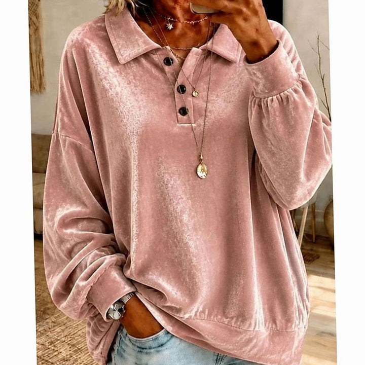 Women's Velvet Collared Button-Placket Relaxed Pullover Sweater - Pink