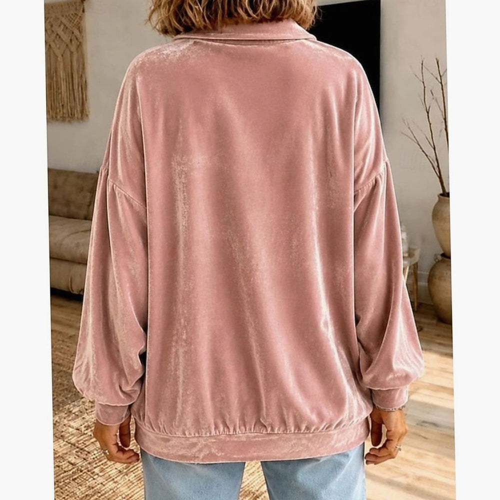 Women's Velvet Collared Button-Placket Relaxed Pullover Sweater