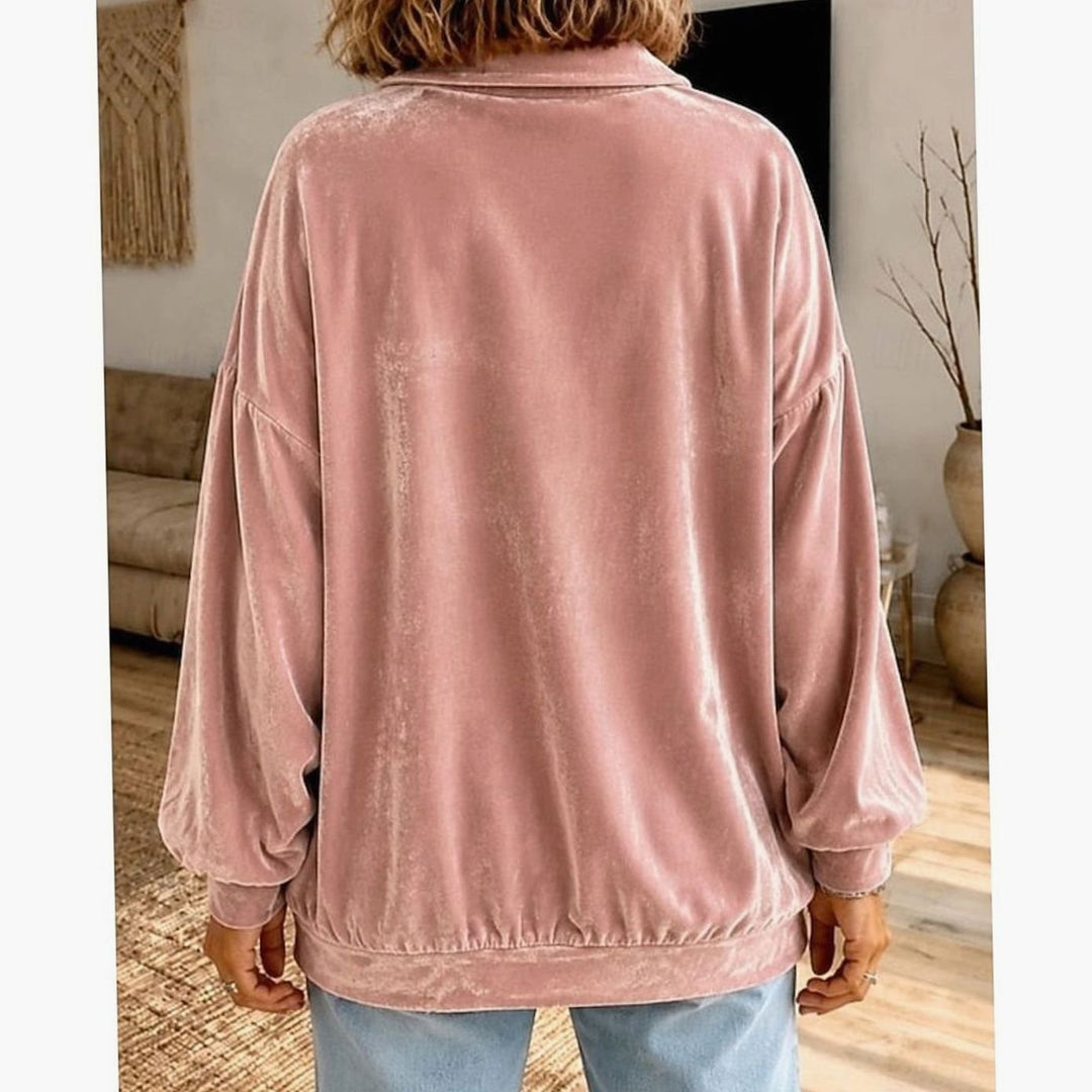 Women's Velvet Collared Button-Placket Relaxed Pullover Sweater