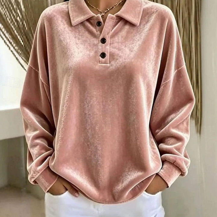 Women's Velvet Collared Button-Placket Relaxed Pullover Sweater