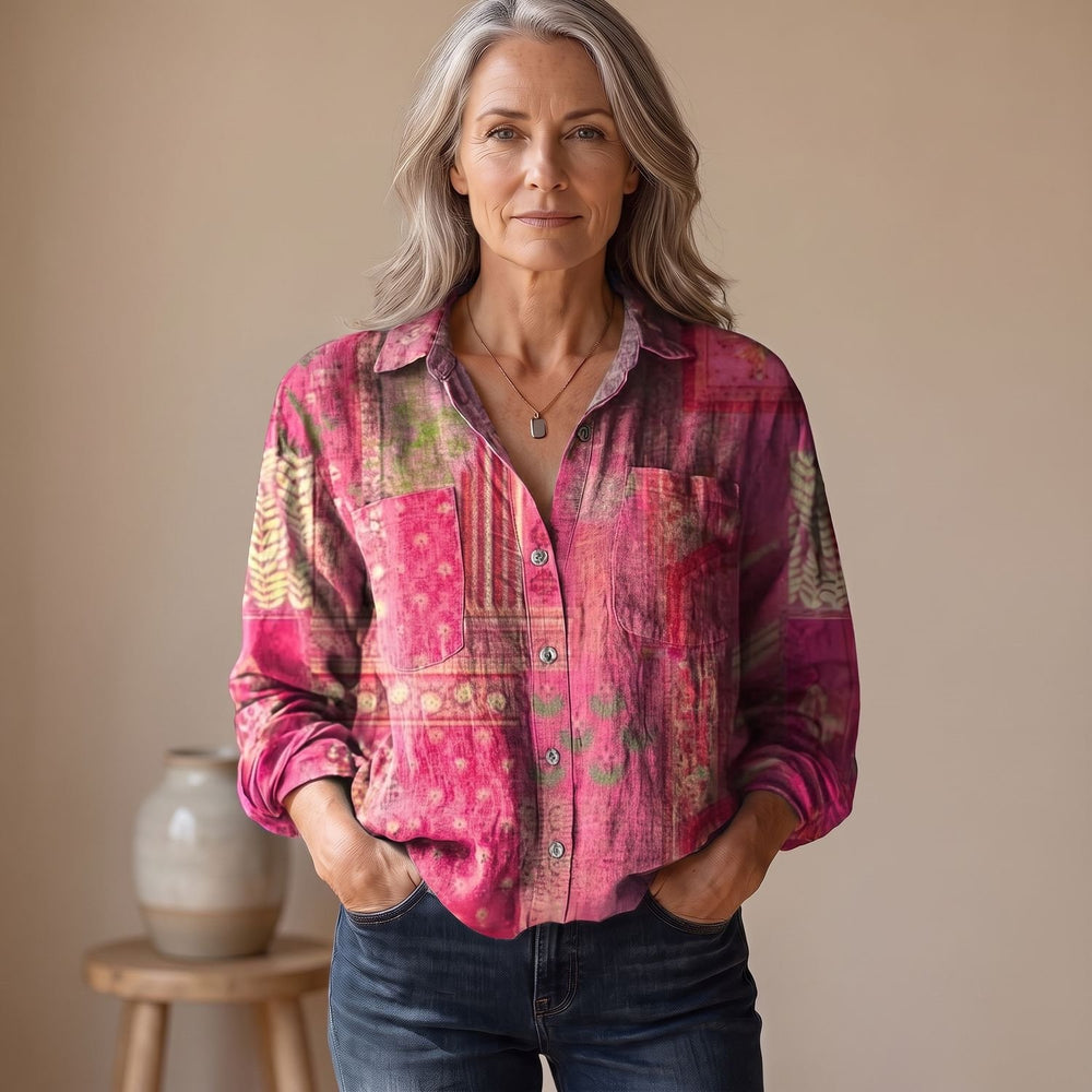 Women's Vintage Boho Long-Sleeve Button-Down Blouse - Pink
