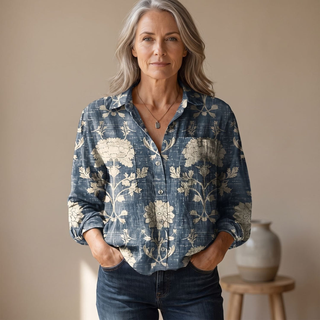 Women's Vintage Boho Long-Sleeve Button-Down Blouse - Blue / Floral