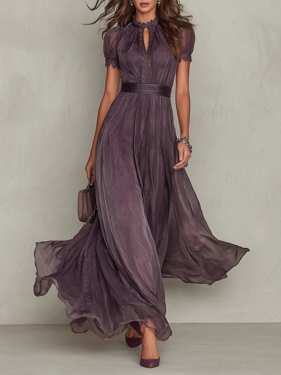 Women's Vintage Elegant Chiffon High-Waist Flowy Maxi Dress - Purple