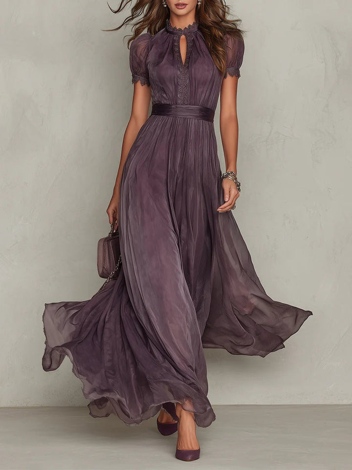 Women's Vintage Elegant Chiffon High-Waist Flowy Maxi Dress - Purple