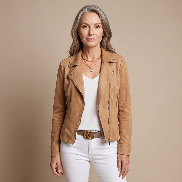 Women's Vintage Faux Suede Cropped Asymmetric-Zip Biker Jacket - Beige