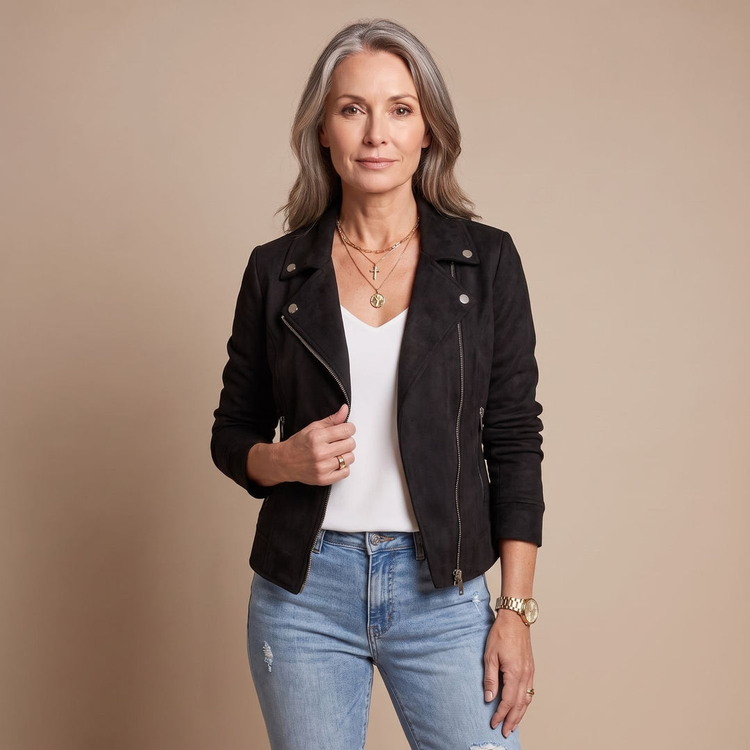 Women's Vintage Faux Suede Cropped Asymmetric-Zip Biker Jacket - Black