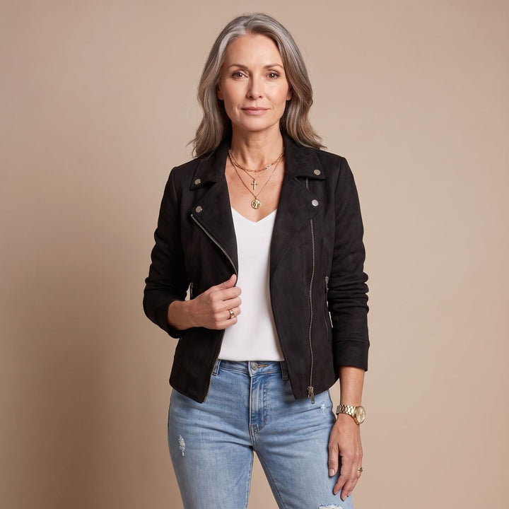 Women's Vintage Faux Suede Cropped Asymmetric-Zip Biker Jacket - Black