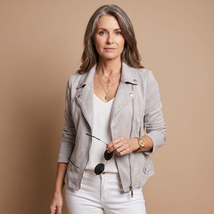 Women's Vintage Faux Suede Cropped Asymmetric-Zip Biker Jacket - Grey