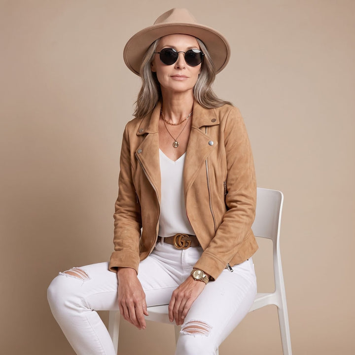 Women's Vintage Faux Suede Cropped Asymmetric-Zip Biker Jacket