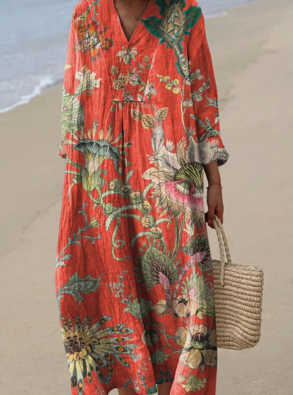 Women's Vintage Floral Art Print Loose Fall Dress Long Sleeve - Orange